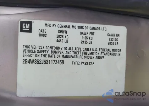 2003 Buick Century Custom z USA, uszkodzony, nr VIN 2G4WS52J531173458